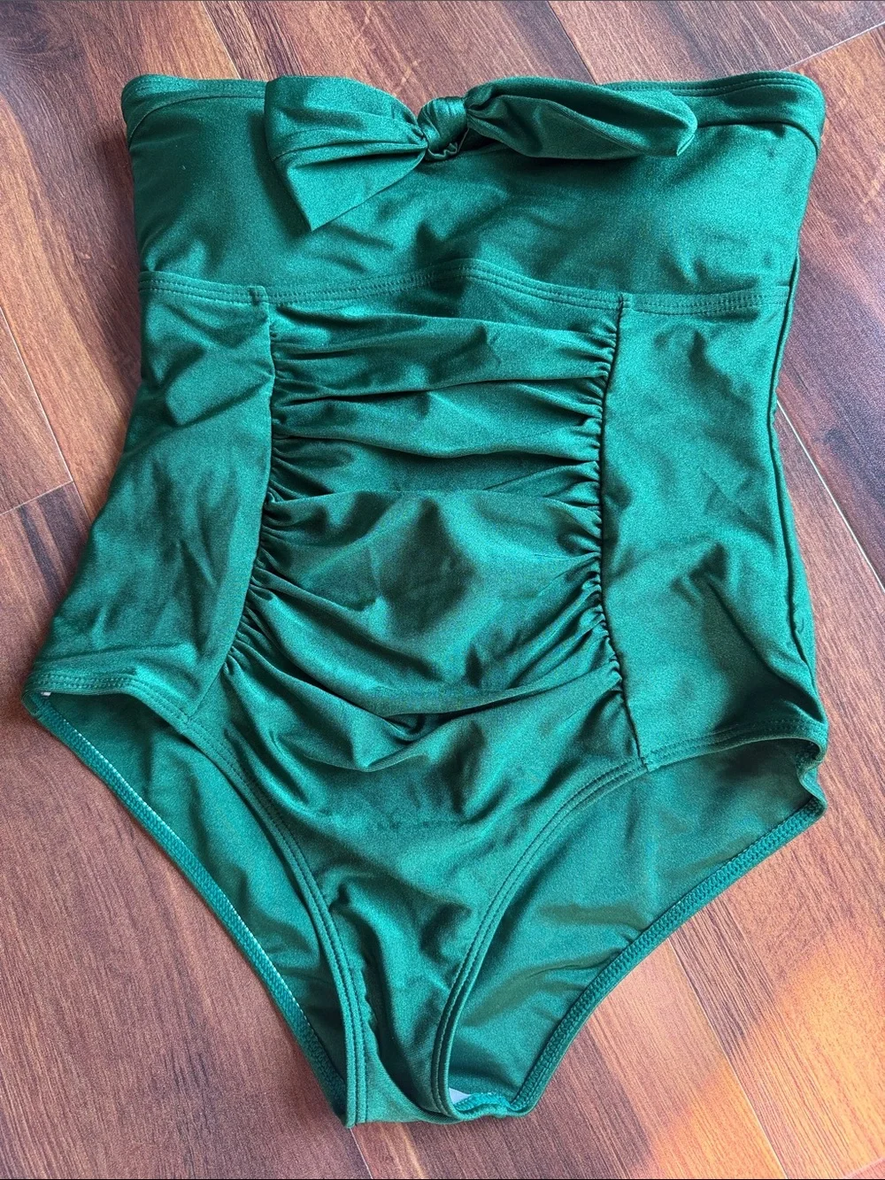 Retro Stage Womens Strapless Emerald Green Bow Front Swimsuit Small